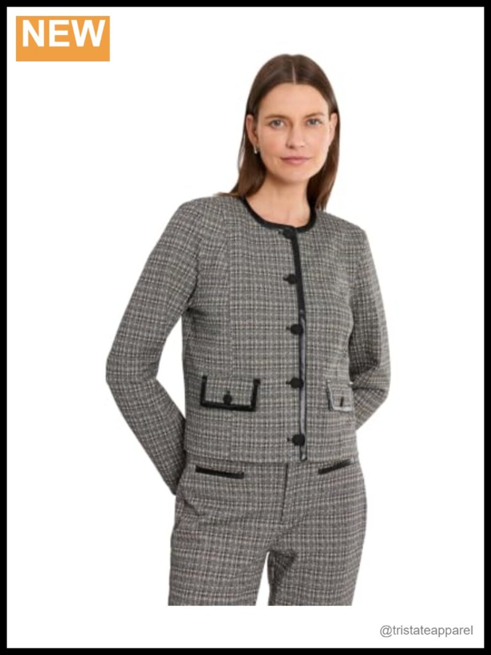 Collarless Lady Jacket Faux Leather Trim Checked Stretch Blazer